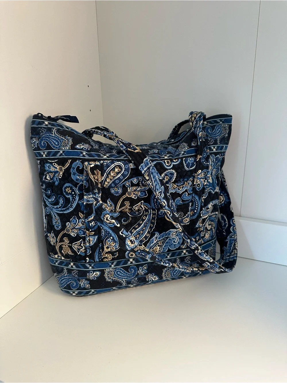 Vera Bradley Midnight Paisley Quilted Tote Bag Blue Black Floral Shoulder Purse